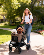 797Audio Dog Stroller for Small Medium Dogs,Pet Stroller for Cats Puppy Up to 121lbs,Foldable,One Click Folding,4 Wheel Shock Absorption,Adjustable Canopy with Sun Shades,Removable Washable Pad(Brown)