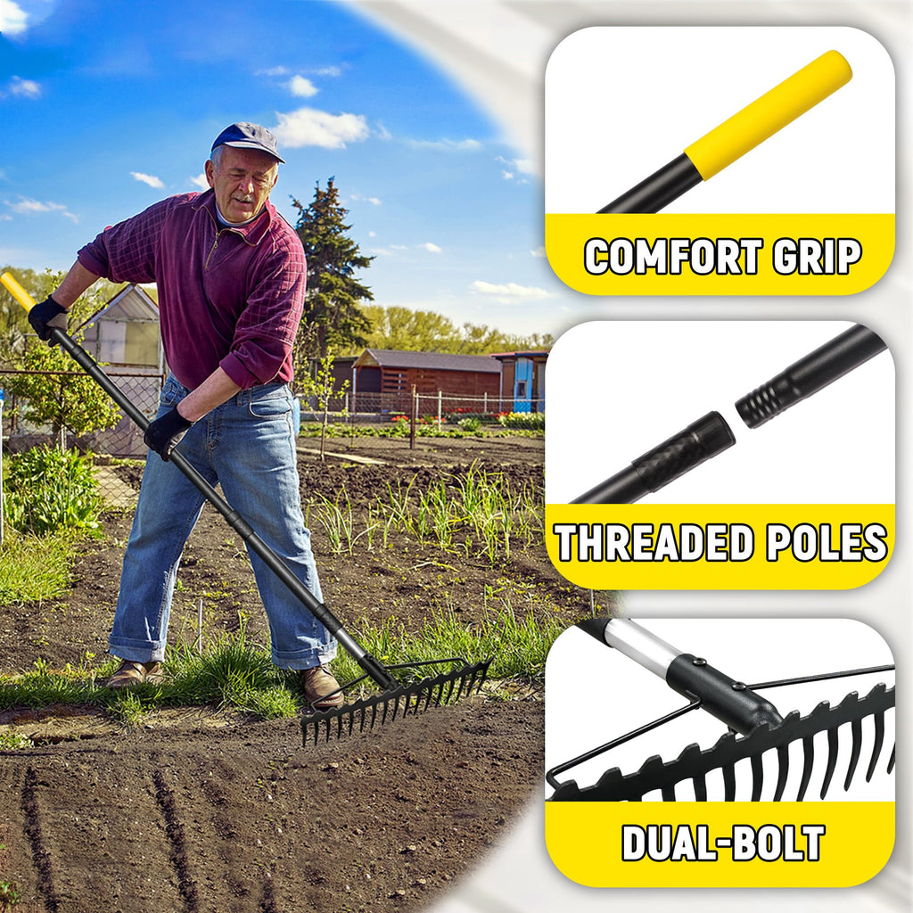 BlumeTrec Bow Rake, 68-Inch Adjustable Handle Garden Rake with 17 Steel Tines, Heavy Duty Dual-Sided Metal Rake Landscape Gardening Tool for Soil Loosening Lawn Yard Leaves Mulch Thatch Removing