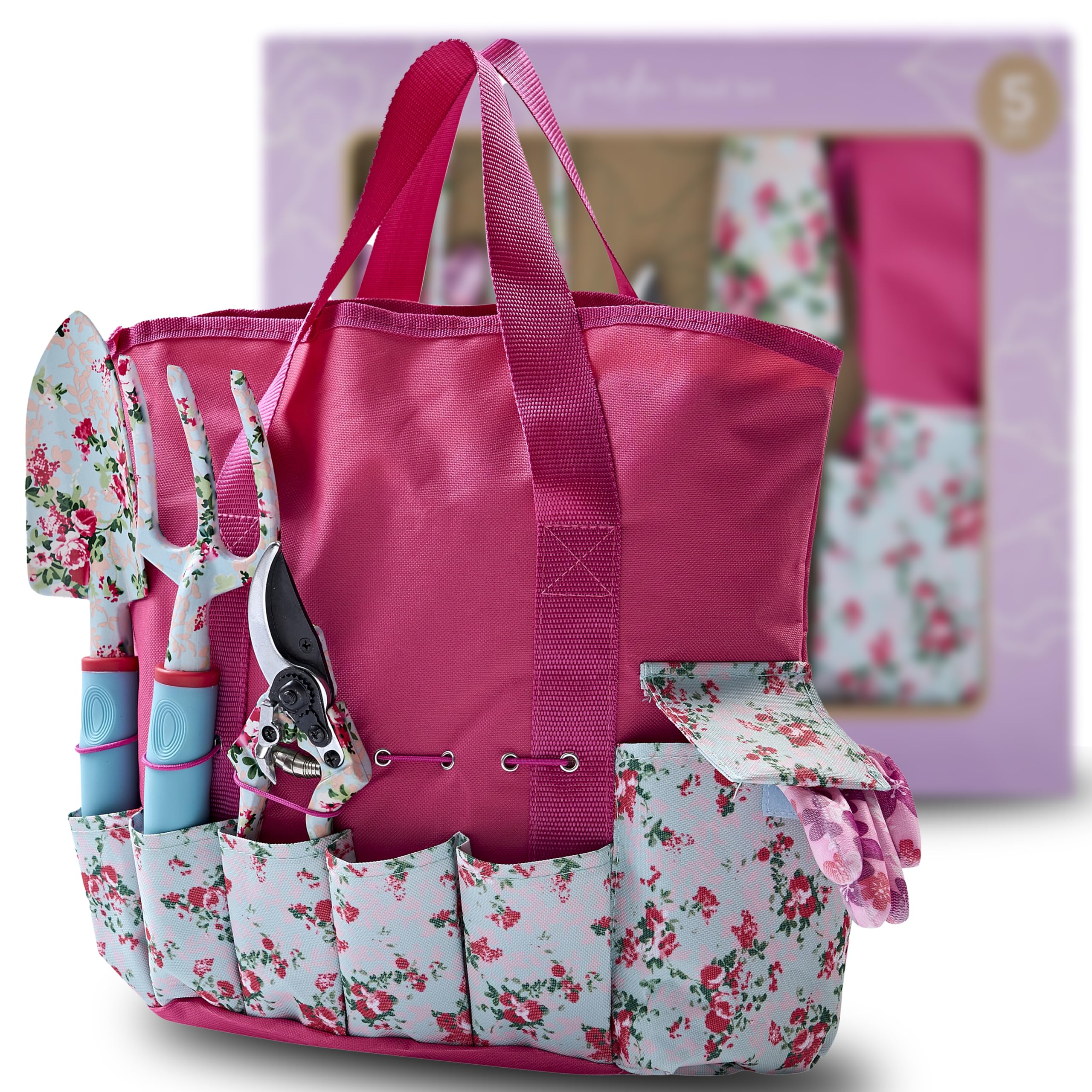 Nature Anywhere Gardening Tools for Women – Garden Tool Set, 5 Piece Gardening Kit with Garden Bag, Gloves, Shears & Trowel, Gardening Gifts for Women, Garden Tool Kit with Garden Tote Organizer
