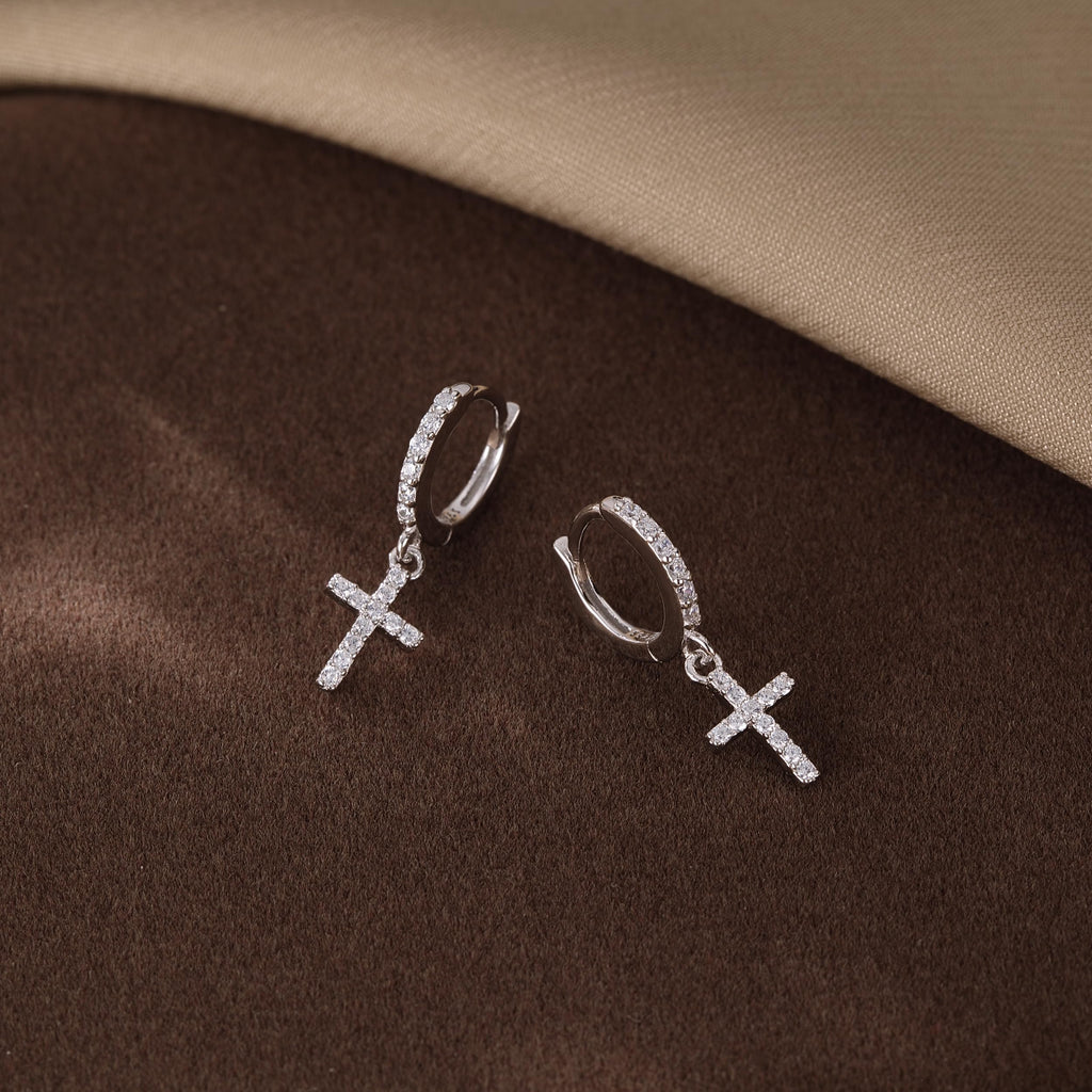 SLUYNZ 925 Sterling Silver Cross Hoop Earrings for Women Teen Girls Small CZ Hoop Earrings Huggie Drop (A-Silver)