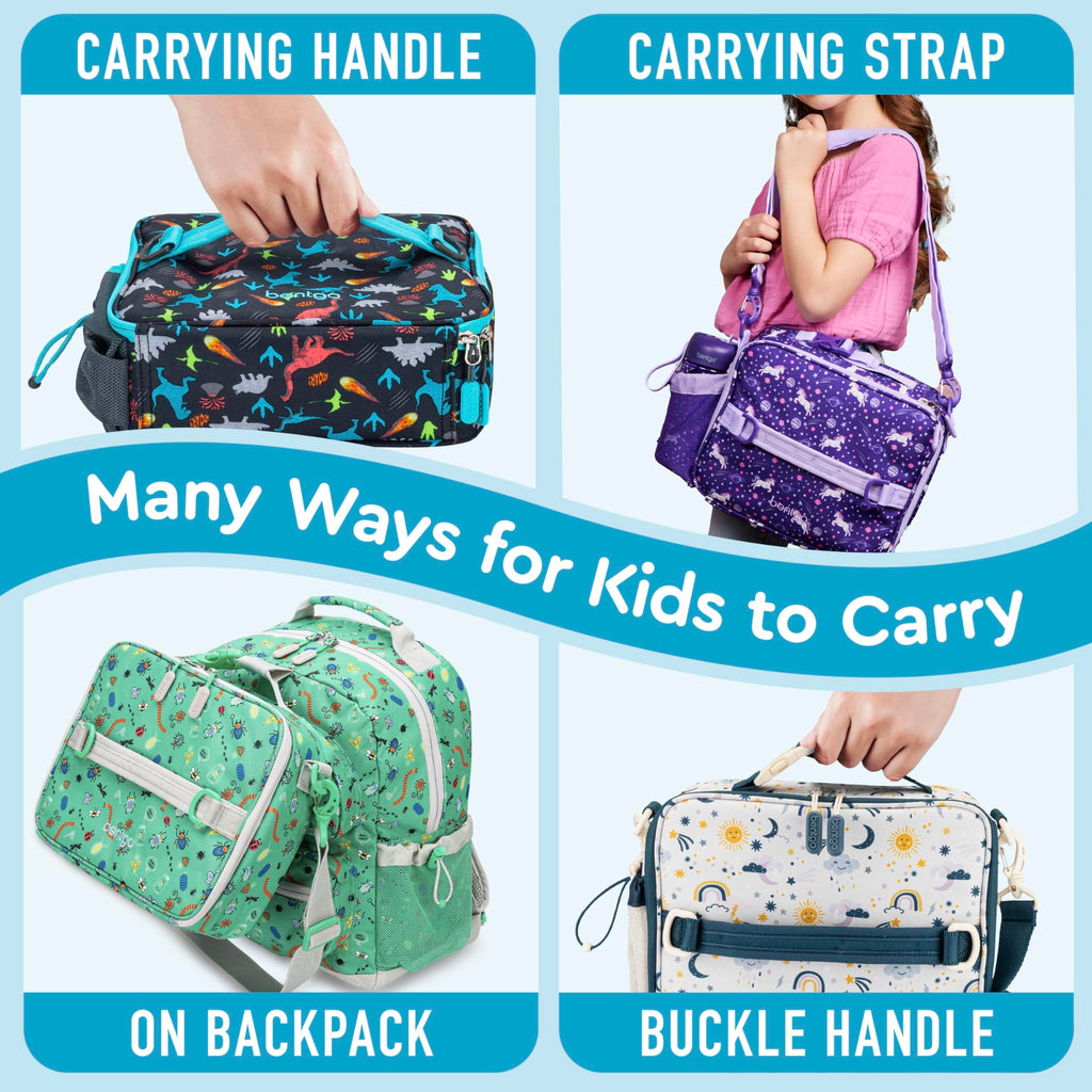 Bentgo Kids Lunch Bag - Durable, Double-Insulated Lunch Bag for Kids 3+; Holds Lunch Box, Water Bottle, & Snacks; Easy-Clean Water-Resistant Fabric & Multiple Zippered Pockets (Dinosaur)
