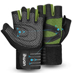 ihuan Ventilated Weight Lifting Gym Workout Gloves with Wrist Wrap Support for Men & Women, Full Palm Protection, for Weightlifting, Training, Fitness, Hanging, Pull ups (Dark Green, XS)