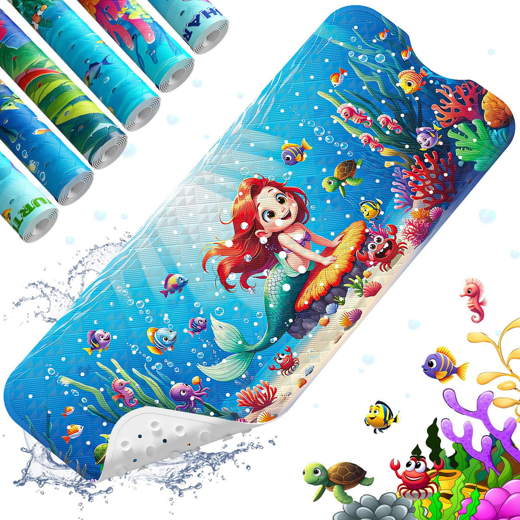 XIYUNTE Baby Bath Mat for Tub Non Slip Kids Bath Mat - 40''x16'' Extra Long Cartoon Bathtub Mat Non Slip Kids Shower Mat Eco-Friendly Toddler Bath Mats with Suction Cups, Machine Washable, Mermaid