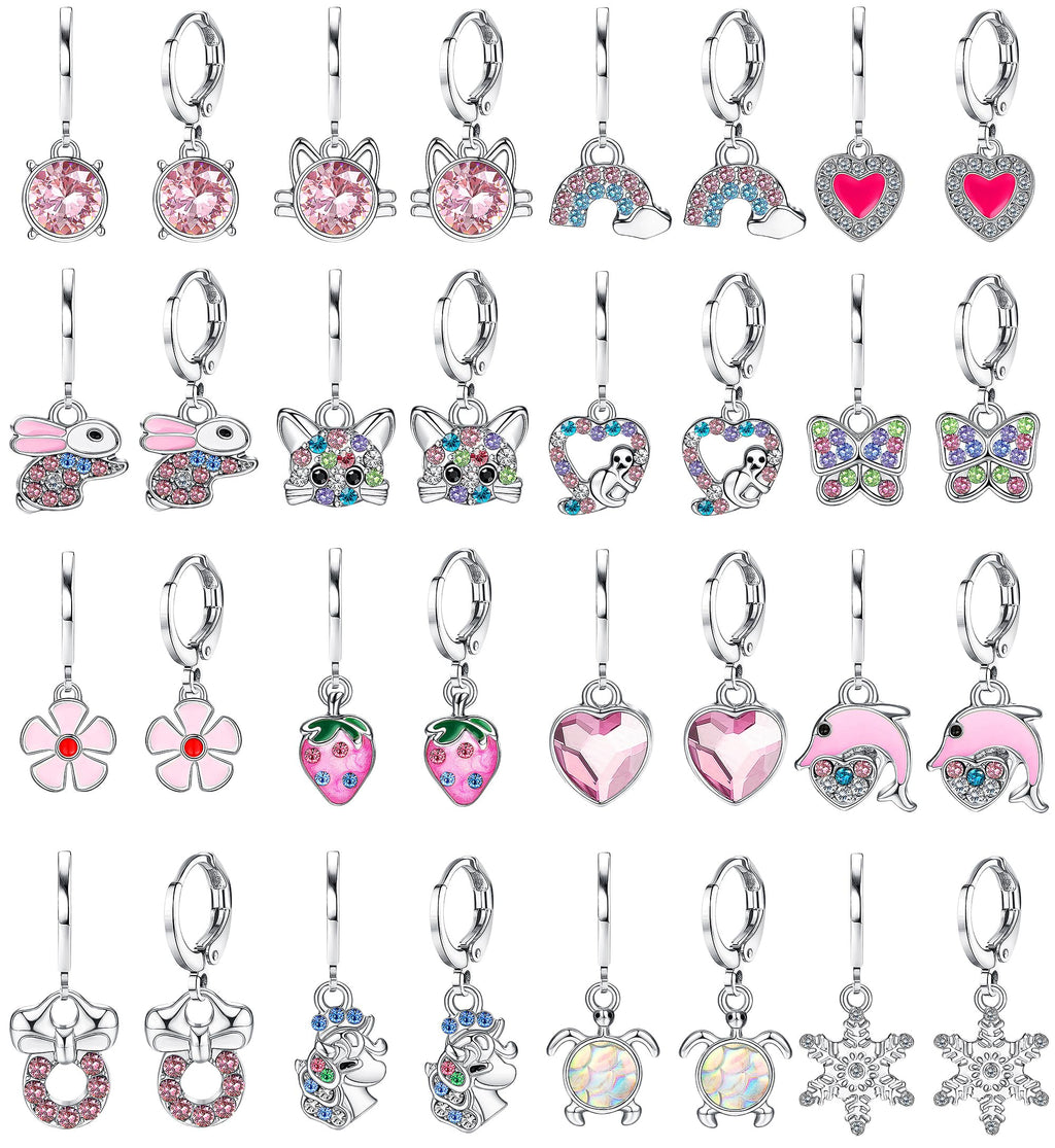 BESTEEL 16 Pairs Hypoallergenic Earrings for Girls Women Sensitive Ears Cute Surgical Steel Dangle Huggie Hoop Earings Set with Charm CZ Heart Animal Christmas Gifts Silver