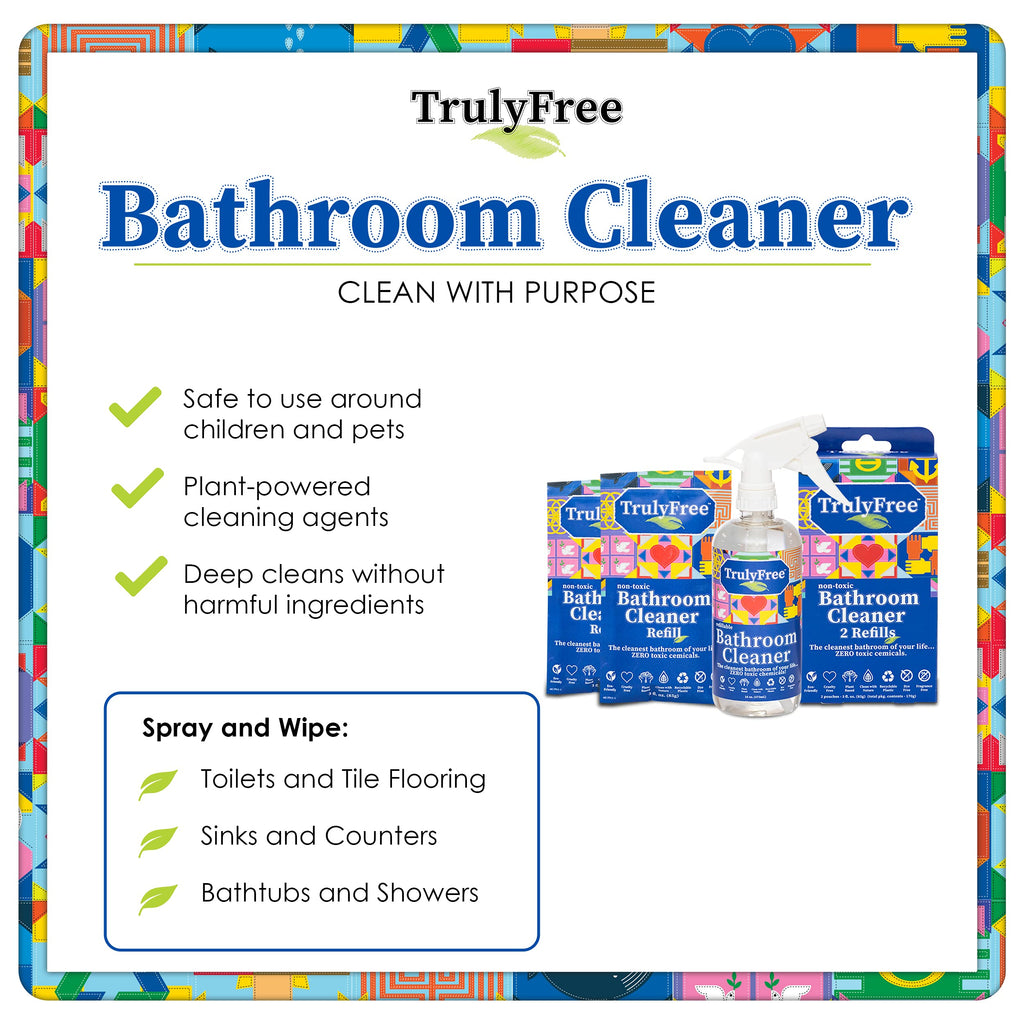 Truly Free All Natural Non-Toxic Bathroom Cleaner Spray, Organic Bath & Tile Cleaning Solution for Toilet, Sink, Tub & Shower, Refillable 2-Pack with 16oz Bottle + 2 Refill Pouches