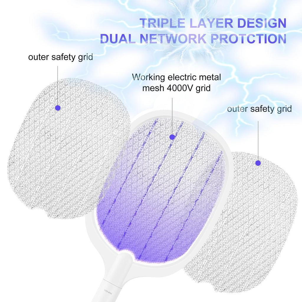 Electric Fly Swatter Racket, 4000V Bug Zapper Racket Rechargeable Fly Zapper Dual Modes Mosquito Swatter Portable with Purple Light & 3-Layer Safety Nets for Indoor & Outdoor, 1 Pack