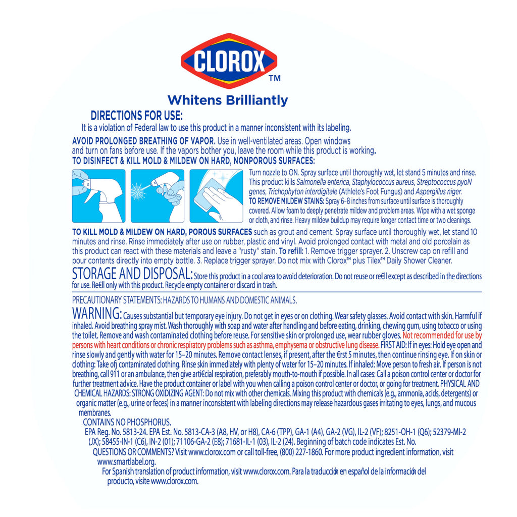 Clorox Plus Tilex Mold and Mildew Remover with Bleach, Spray Bottle, 32 Fluid Ounces, Unscented, Pack of 3
