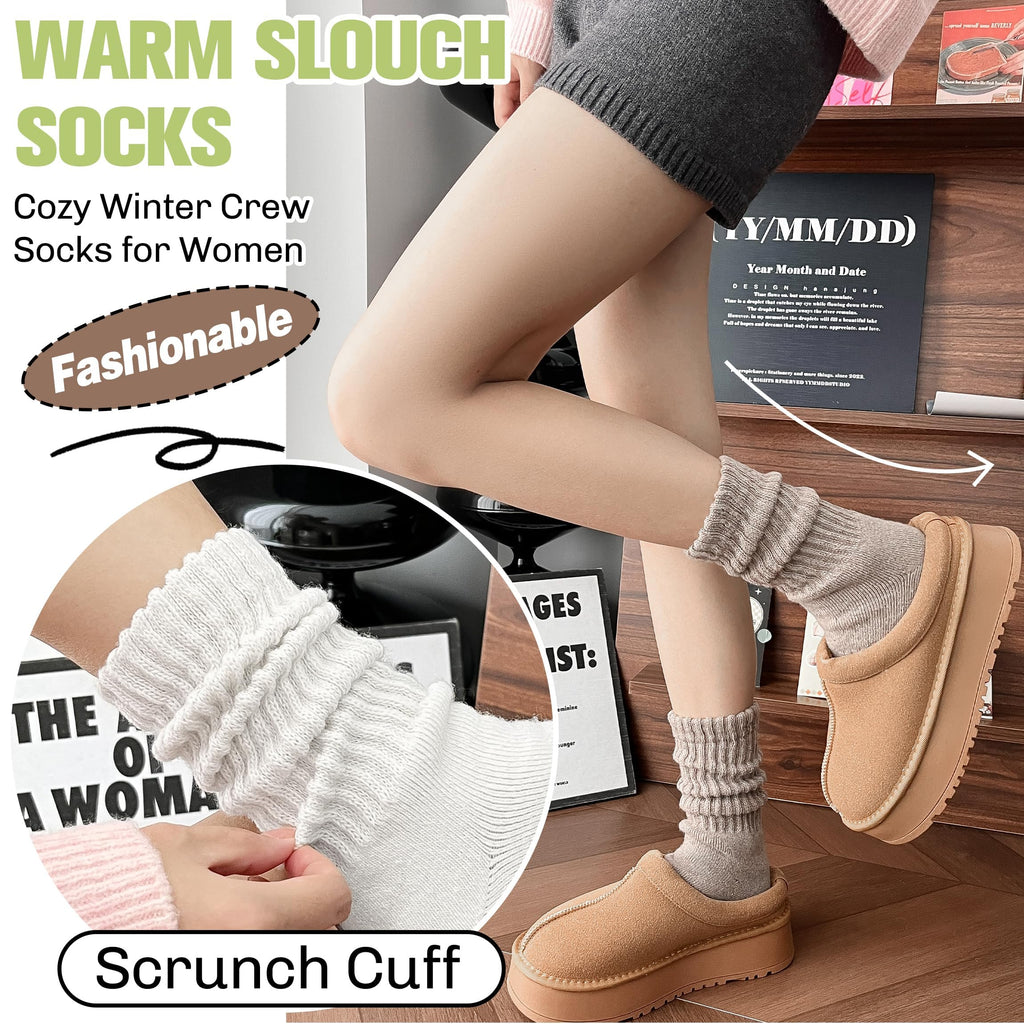 EBMORE Womens Merino Wool Slouchy Boot Socks Thermal Warm Winter Thick Scrunch Slouch Cozy Crew Gifts Socks 4 Pairs Stocking Stuffers(Black/khaki/Grey/White,M)