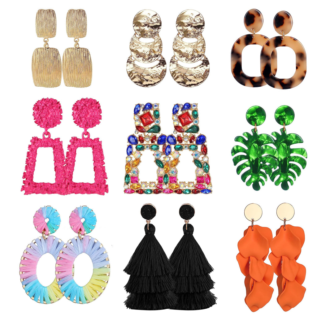 JeryWe 9 Pairs Clip on Earrings for Women Fashion Rattan Acrylic Tassel Drop Dangle Earrings Set Lightweight Geometric Statement Bohemian Clip Earrings for Non Piercied Pink