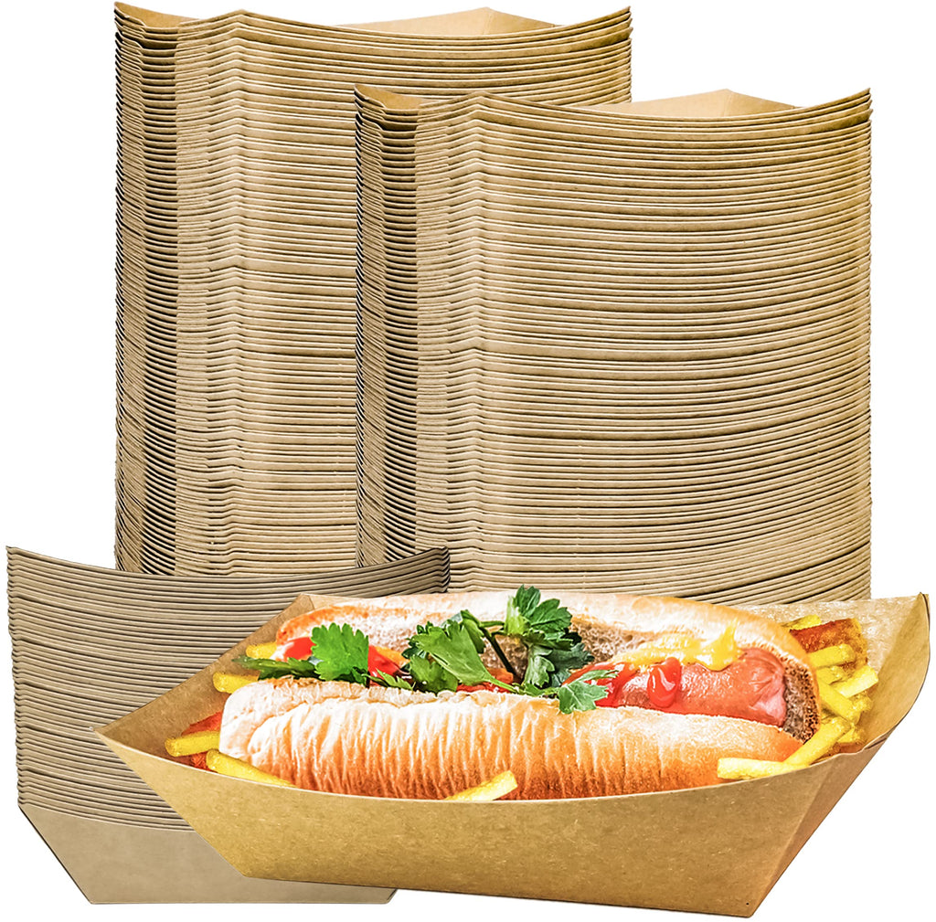 MotBach 100 Pack 3lb Kraft Paper Food Trays, Heavy-Duty Paper Food Boat Disposable Serving Basket Tray for French Fries Nachos Snack Hot Dog Taco BBQ Popcorn Party Picnic Wedding Party (Brown)