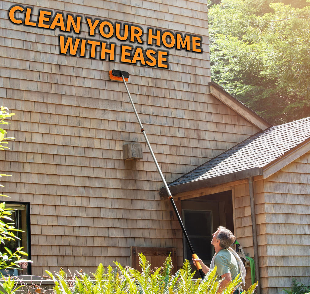 14 Foot Exterior House Cleaning Brush Set with 5-8 ft Extension Pole // Vinyl Siding Brushes with Telescopic Extendable Pole & Window Cleaning Squeegee Tool // The Ultimate Extension Scrub Brush Set