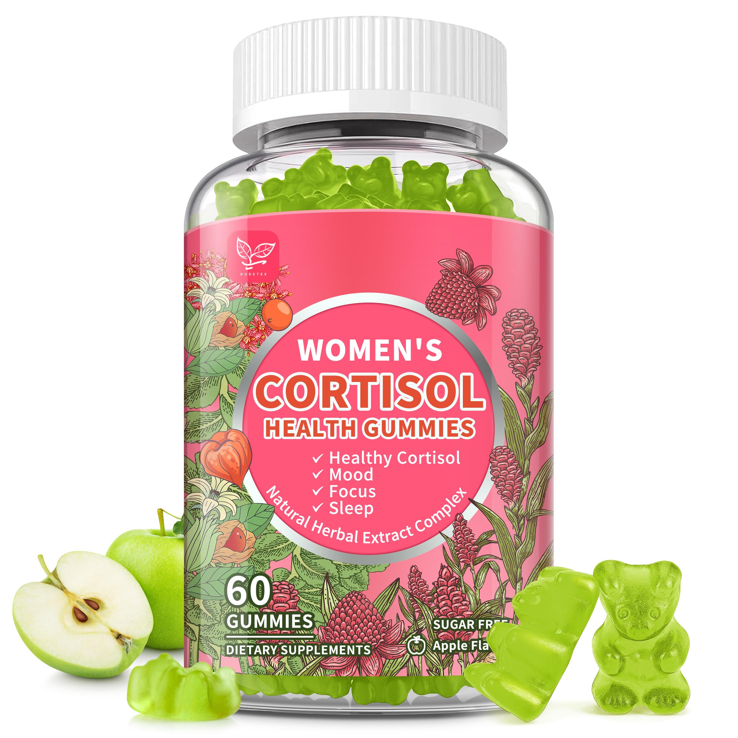 Cortisol Gummies for Women,Cortisol Manager with Ashwagandha,Magnesium,L-theanine,Phosphatidylserine,Rhodiola Rosea,Black Pepper for Mood Support,Adrenal Balance,Sleep,Vegan,Apple Flavor,60 Count