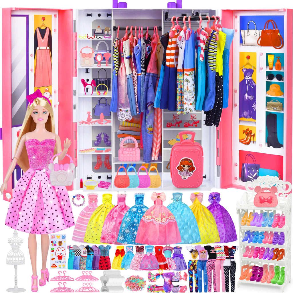 Closet Playset With 342 Pcs Clothes and Accessories, Princess Dresses, Tops, Pants, Swimsuits, Wardrobe, Shoes, Hangers and Other Accessories, Dress Up Toys for Girls Toddlers Gift