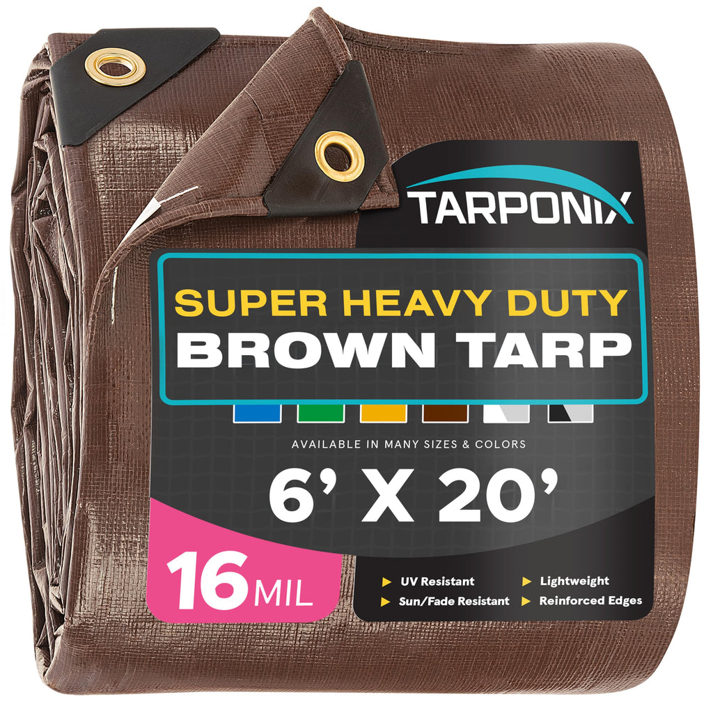 Tarponix Super Heavy-Duty Brown Tarp 6' x 20' – 16 Mil Thick, All-Weather Waterproof Cover with Reinforced Edges and Sturdy Grommets
