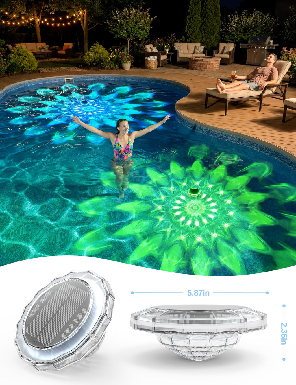 APONUO Solar Pool Lights, IP68 Waterproof Floating Pool Lights with Remote& Button Control, 9 Lighting Colors& 3 Modes Pool Solar Light, Timer&Memory, Floating Light for Pool, Party, Bathtub (2 Pack)