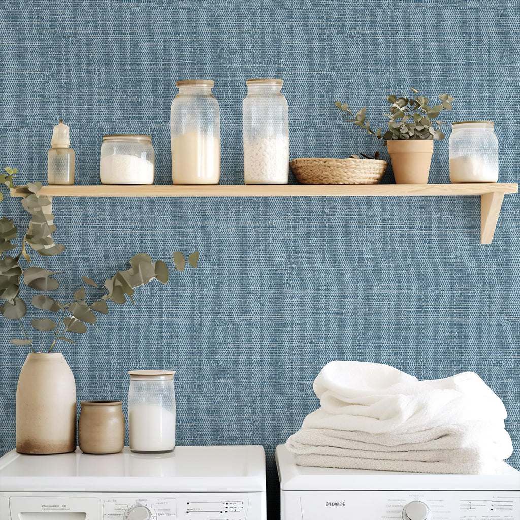 JiffDiff Grasscloth Wallpaper Peel and Stick 1181" x 17.3" Blue Cream Grassweave Stick on Wallpaper Textured Self Adhesive Wall Paper Contact Paper