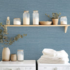 JiffDiff Grasscloth Wallpaper Peel and Stick 1181" x 17.3" Blue Cream Grassweave Stick on Wallpaper Textured Self Adhesive Wall Paper Contact Paper