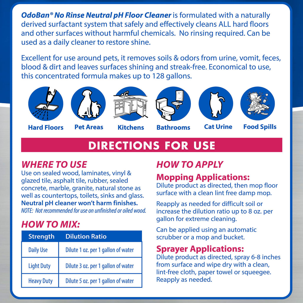 OdoBan Pet Solutions No Rinse Neutral pH Floor Cleaner Concentrate, Made in the USA, Splash O' Citrus Scent, 4 Gallons