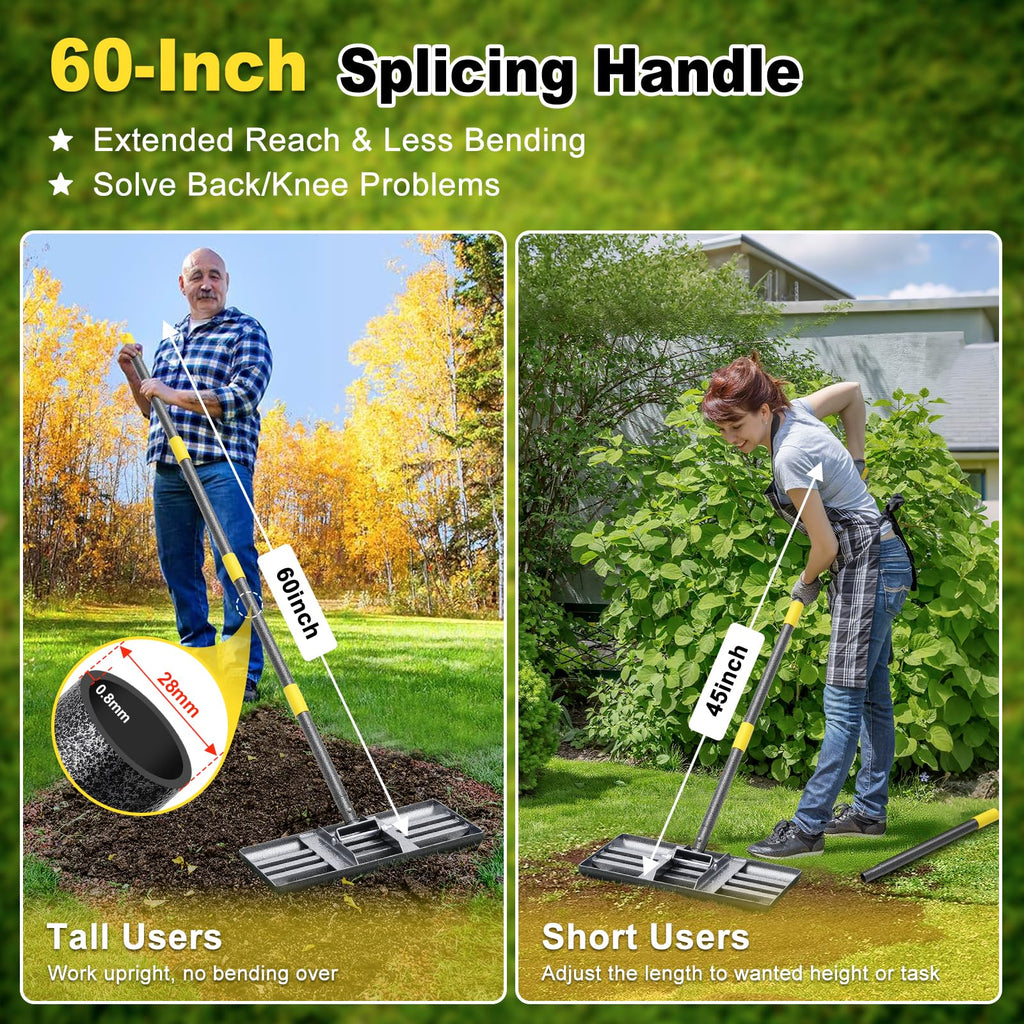 Lawn Leveling Rake: Anti Flipping 17" x 10" Stainless Steel Lawn Ground Leveler for Soil, Heavy Duty Grass Top Soil Dressing Leveling Rake, Home Lawn,Golf Field,Yard Landscaping Tool, 60” Long Handle