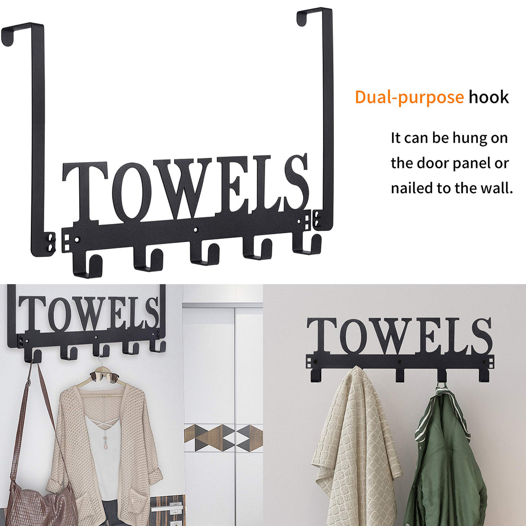 Kuhome Over The Door Hooks, Towel Holder for Bathroom, Door Mount Towel Rack Towel Hooks for Bedroom Beach Towels Bathrobe Wall Mount Hang on The Door Cabinet Cupboard Metal Sandblasted (Black)