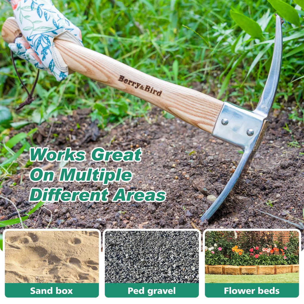 Berry&Bird Garden Mattock Pick Axe, 14.9" Digging Tool with Wood Handle