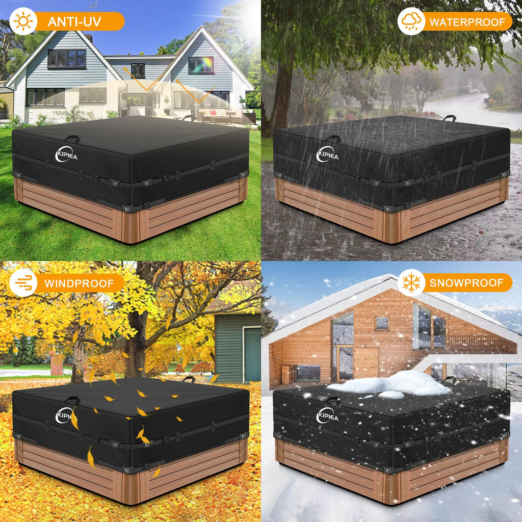Kipiea 600D Outdoor Waterproof Square Hot Tub Cover Protector, Heavy Duty Polyester SPA Cover UV Protection Cover 95" L x 95" W x 20" H, Black
