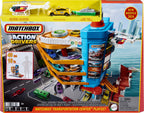 Matchbox Toy Vehicles & Playset, Transportation Center with 5 Levels, Kid- & Car-Activated Features, 1:64 Scale Taxi, Boat & Helicopter & Food Vendor