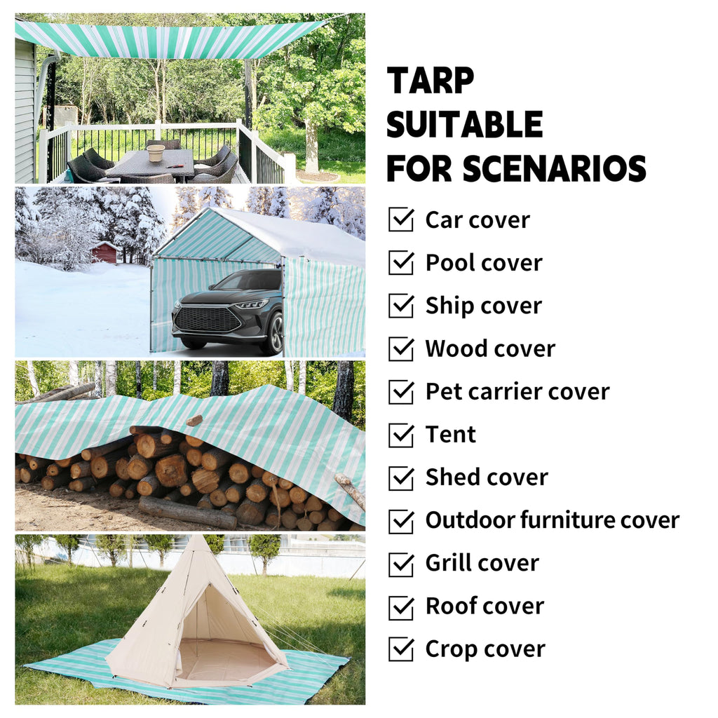 TARPAL Tarps 8x10 Feet Heavy Duty 12mil Tarp Waterproof Striped tarp Multipurpose Protective Cover Weather Proof,UV,Rip and Tear Proof（Green/White）