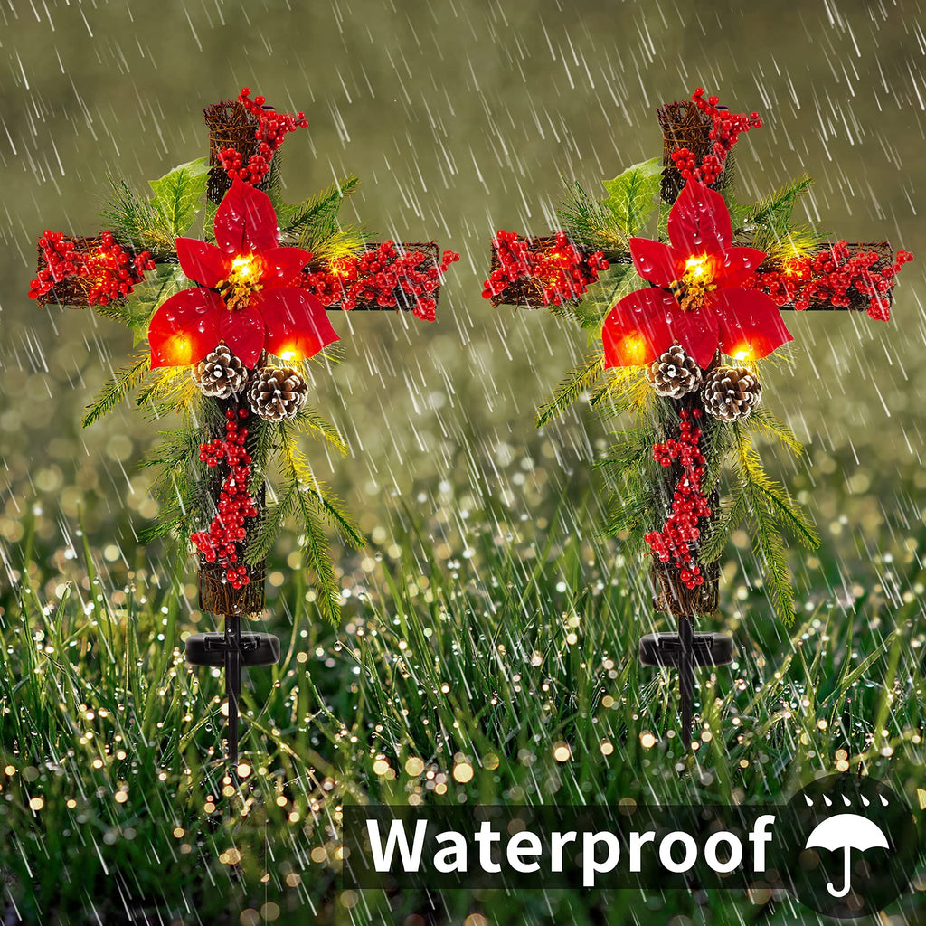 SOWSUN Solar Christmas Decorations Outdoor LED Lights, Xmas Waterproof Cross Stake, Cemetery Grave Decorations,Faux Pine Cones and Foliage Ornament Stakes for Garden Lawn Yard Cemetery, Set of 2