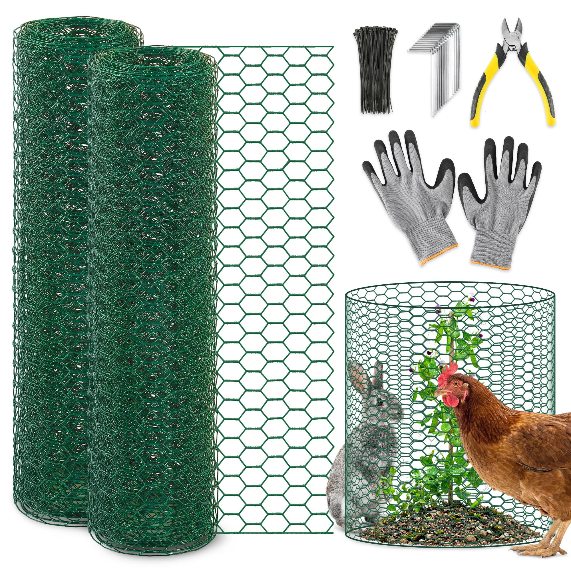 EcoBrisa 13.8x118" Plant Protectors from Animals, 2Roll Metal Mesh Plant Cages for Outdoor Plants Chicken Wire Cloche Wire Mesh for Garden Fence Kit with Ground Stakes & Nylon Tie,Gloves,Plier (Green)