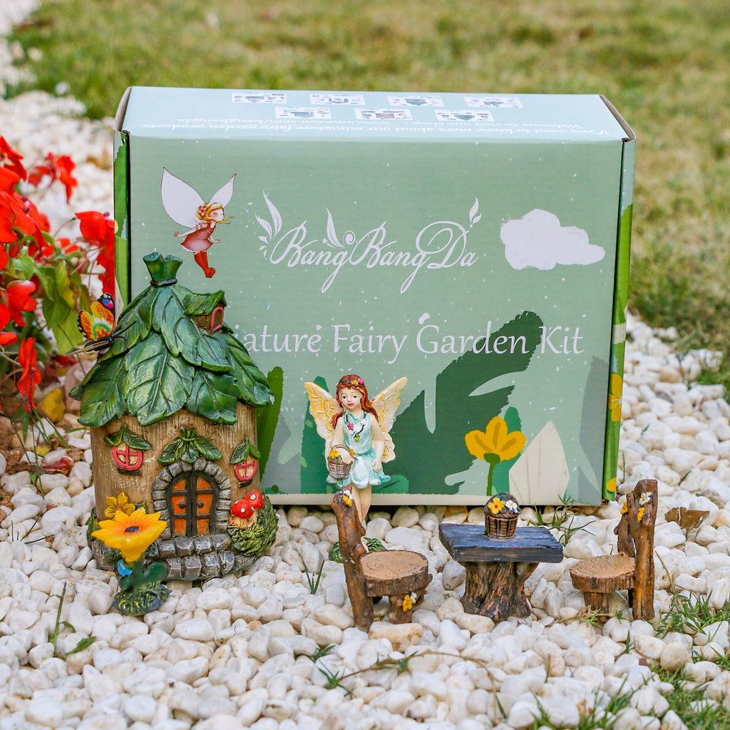 BangBangDa Miniature Fairy Garden Accessories Outdoor - Garden Small Fairies Figurines Kit Fairy House Table Chair Set Birthday Gardening Gifts for Girl Boy Mother Girlfriend
