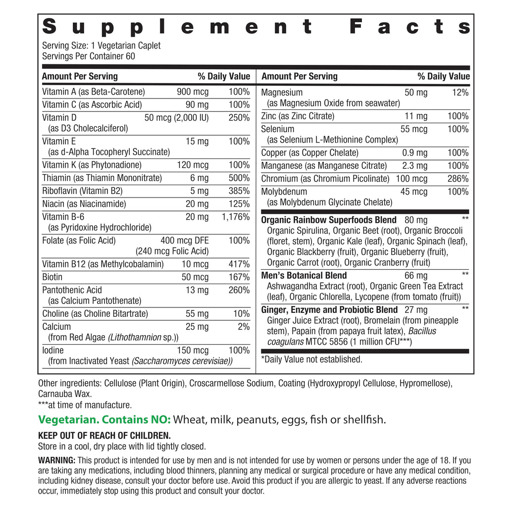 Rainbow Light Mens Multivitamin One + | 60 Caplets | Supports Energy & Antioxidant Health | with Real Food Nutrients, Digestive Enzymes & Probiotics
