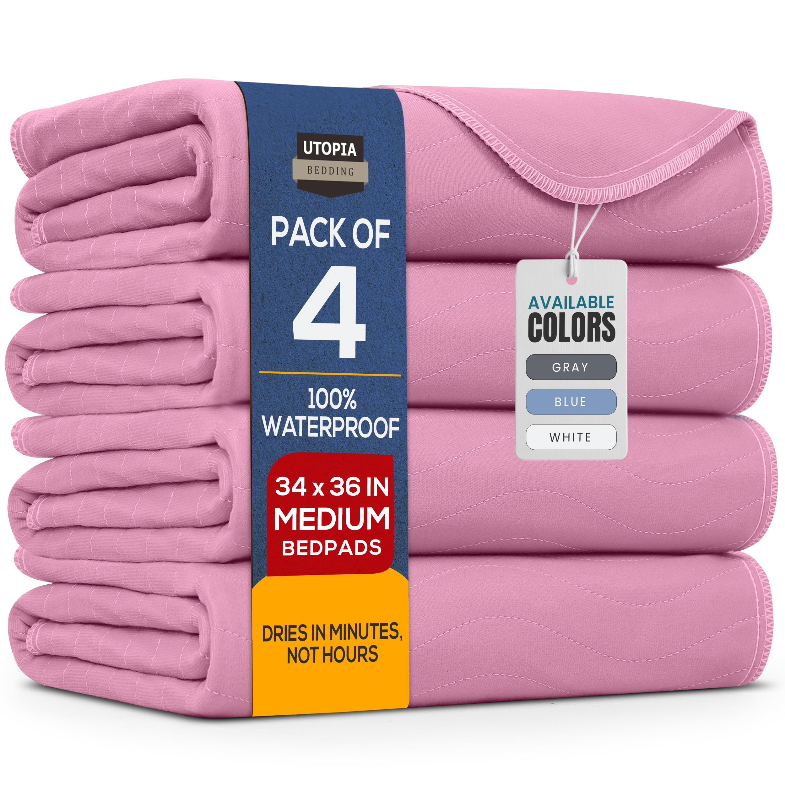 Utopia Bedding Washable Underpads 34" x 36" (Pack of 4), Waterproof Reusable Heavy Absorbency Incontinence Bed Pads for Adults, Kids, Elderly and Pets, Bedwetting Pads for Sofa and Couch (Pink)