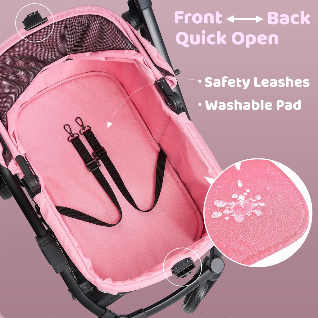Kicari All-Terrain Dog Stroller for Small to Medium Dogs, Pet Stroller for Dogs & Cats Outdoor Walks, One-Hand Easy Fold, Double-Layer Anti-UV & Waterproof Canopy & Breathable Mesh, Sakura Pink