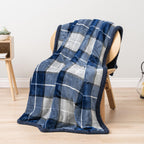 PAVILIA Twin Plaid Sherpa Throw Blanket for Couch Sofa Bed, Navy, 60x80