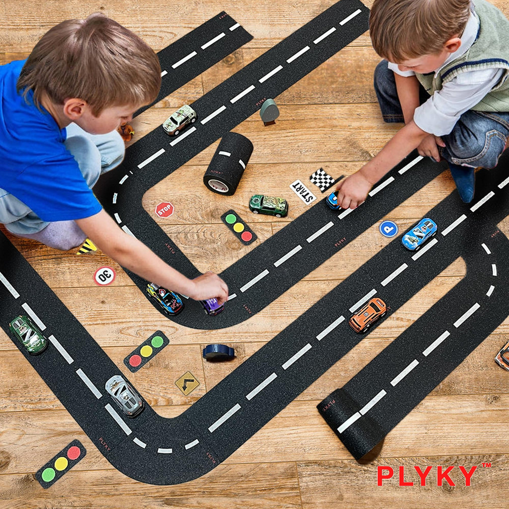 Deluxe Road Tape Play Set - 2x33ft Extended Track with Curves, 30 Traffic Sign Stickers & Durable Drawer Box - Versatile Car Track Tape for Kids, Creative Toy Car Track & Car Track Rug Alternative