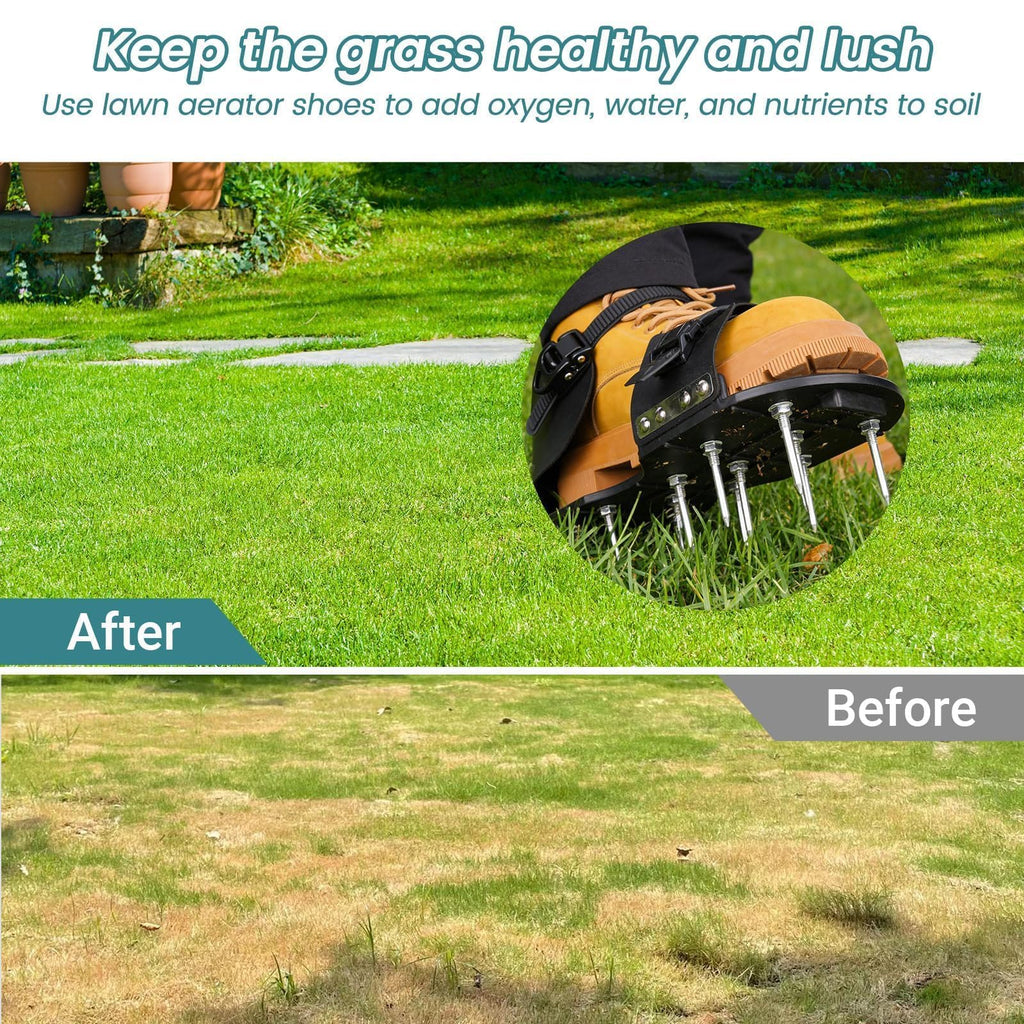 FIMXSD Lawn Aerator Shoes - Heavy Duty Lawn Aerator Tool for Grass with Cleaning Shovel & 6 Extra Spikes, Easy Assembly with Upgraded T-Wrench, Manual Garden Soil Aeration Tools for Yard Care