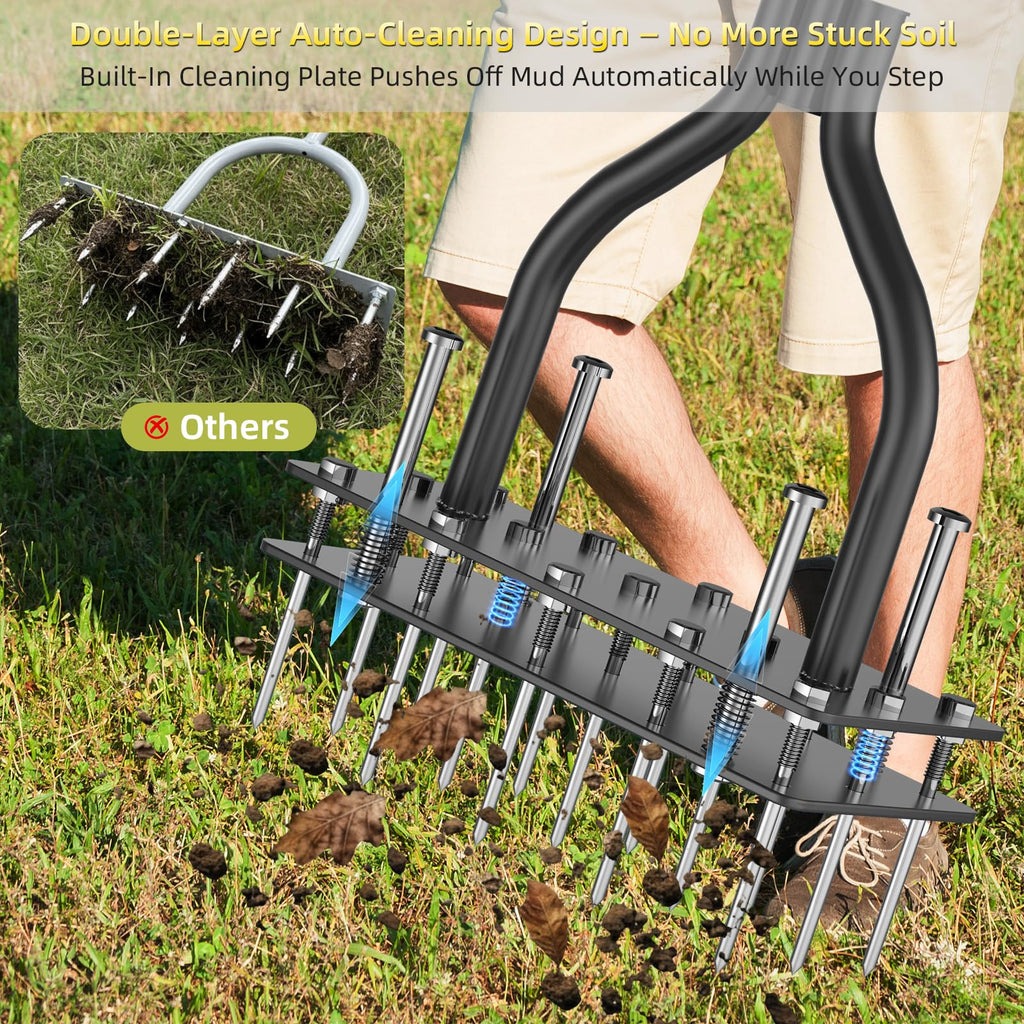 KXGBARN Lawn Aerator Tool with Dual-Layer Self-Cleaning Spikes, 15 Spike Heavy Duty Manual Lawn Aerator for Compact Soil, Anti-Clog Grass Aerator for Yard, Garden & Lawn Care