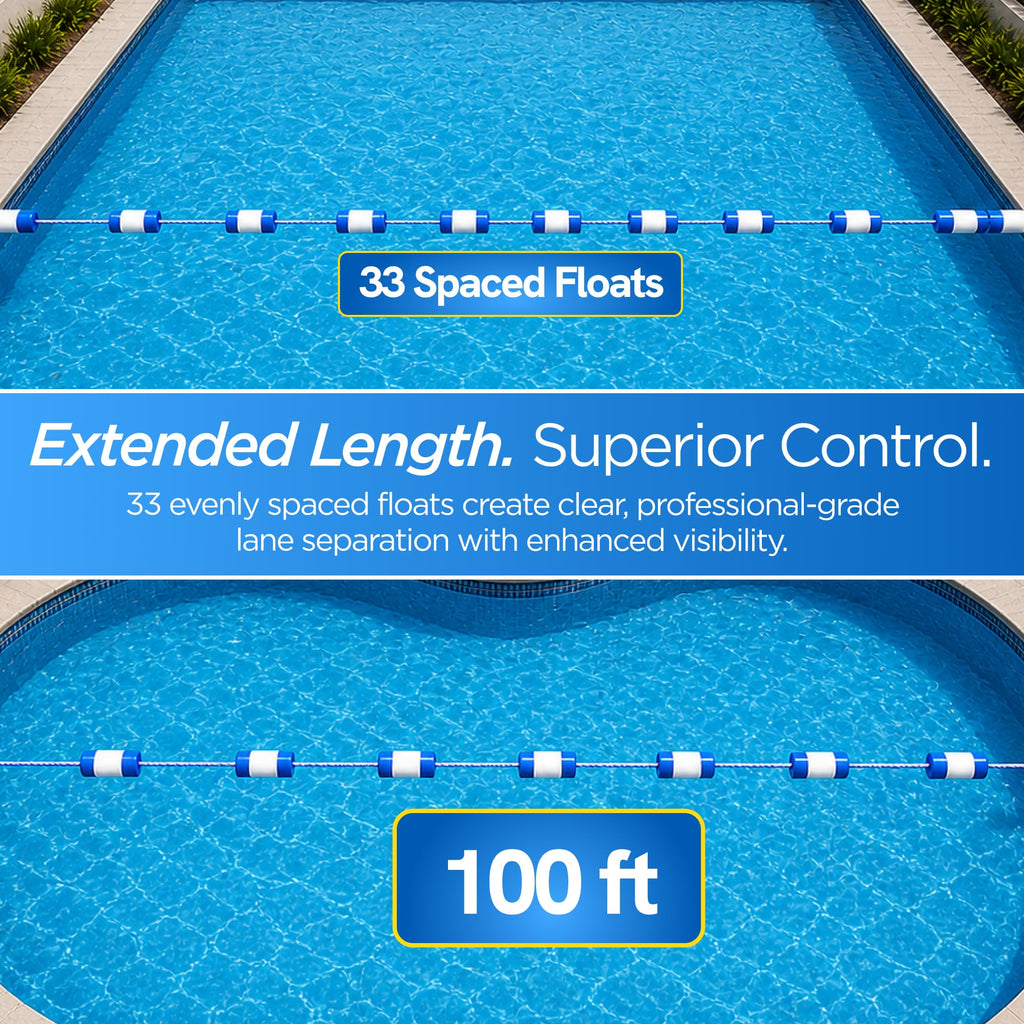 FibroPool 50 ft Pool Safety Rope with 16 Floats – Adjustable Buoy Lane Divider, UV Braided, Chrome Hooks – Shallow & Deep End Line for Inground & Above Ground Swimming Pools
