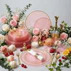 WELLIFE 210Pcs Clear-Pink Plastic Dinnerware- Pink and Gold Plastic Dinnerware include 30 Dinner Plates, 30 Dessert Plates, 90 Gold Silverware, 30 Cups and 30 Napkins Perfect for Parties