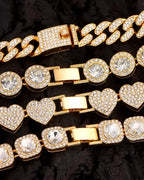 shopbyskyler 4PCS Gold Bracelets for Women Silver Clustered Tennis Bracelet for Women Heart Round Diamond Cuban Bracelet Layered Link Bracelet Set Fashion Jewelry for Women Set (Gold, 7inch)