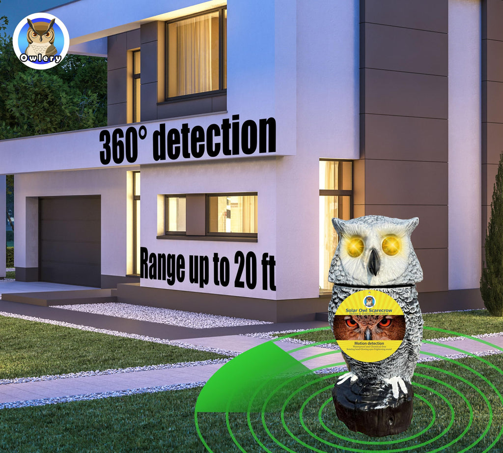 Owlery Snowy Solar Owl With Motion Detector, Flashing Eyes, Spinning Head, Realistic Hooting and Silent Mode, Outdoor Statue, Winter Garden Decoration for Home, Patio and Fence