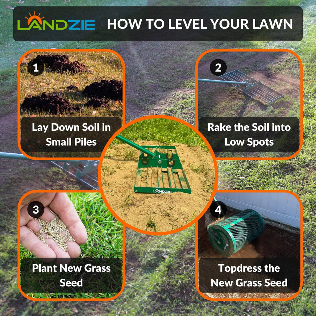 LANDZIE - The Original Lawn Leveling Rake – 36" Steel Handle Yard Leveler, Lawn Level Tool for Creating a Flat Surface - Works for Soil, Dirt, Topdressing, and Ground