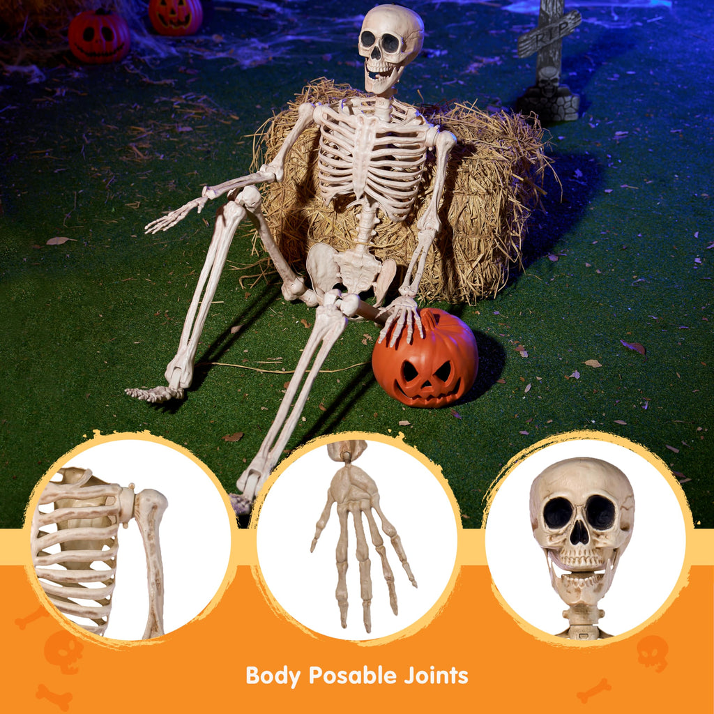 JOYIN 5 FT Halloween Skeleton Life Size, Stayable Posable Skeleton Decor, Full Body Movable Joints Giant Skeletons for Halloween Decoration Outdoor, Haunted House Prop, Spooky Scary Graveyard Party