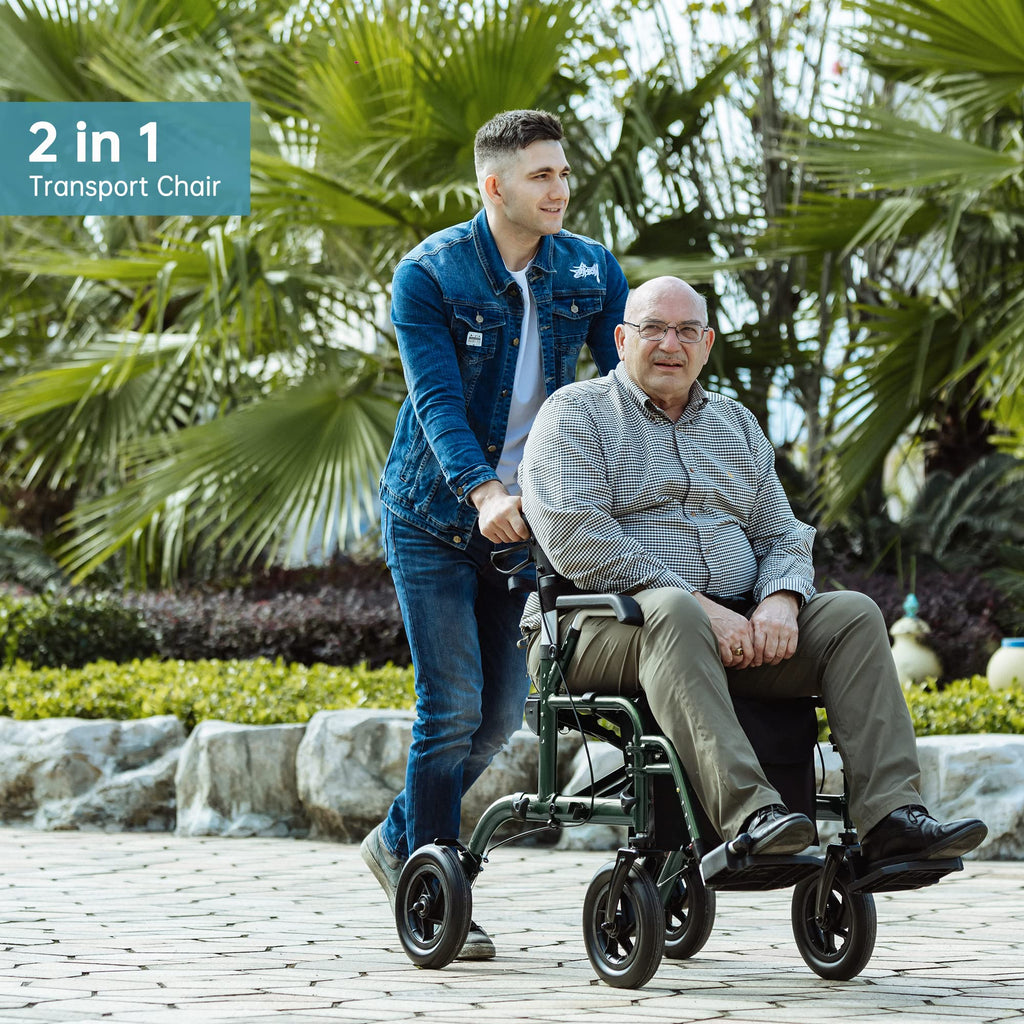 ELENKER All-Terrain 2 in 1 Rollator Walker & Transport Chair, Folding Wheelchair with All 10” Wheels for Seniors, Reversible Backrest & Detachable Footrests (Green)