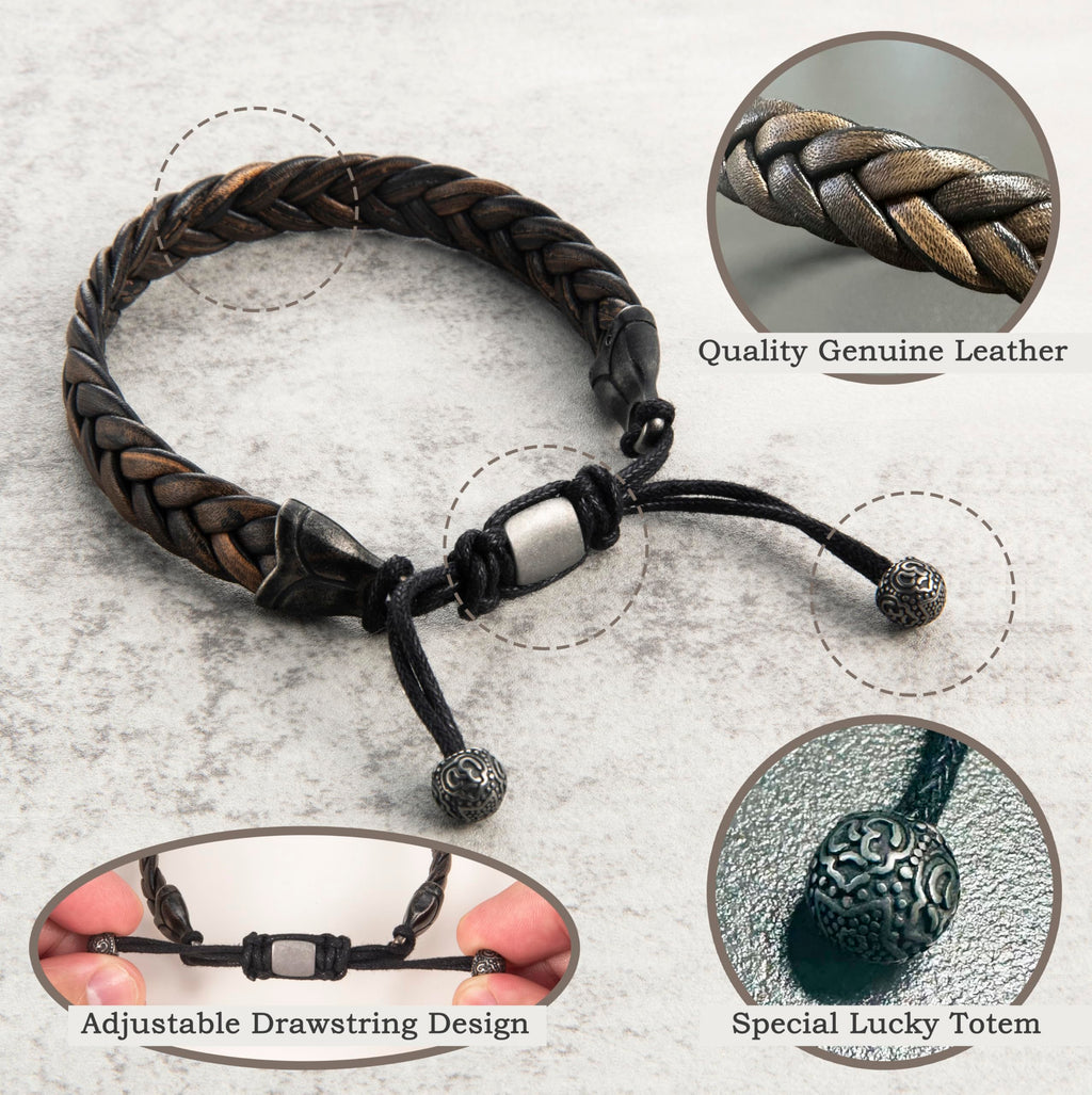 Hius Leather Bracelet for Men, Brown Adjustable Braided Leather Bracelet Wristband, Men's Leather Jewelry
