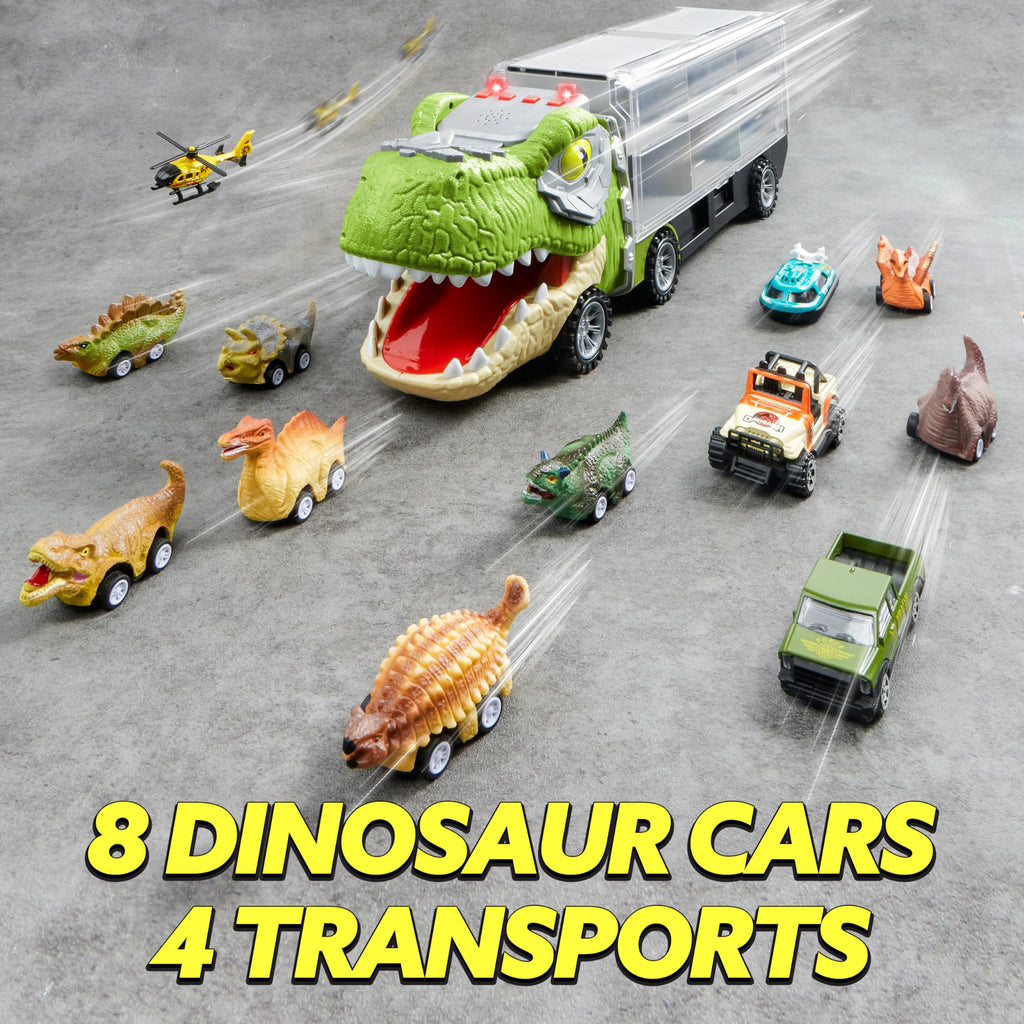 JOYIN Dinosaur Truck Toys for Kids Age 3-8, 12 Pull Back Car Vehicles, Transport Truck With Music, Roaring Sound, Flashing Lights, 1 Helicopter