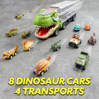 JOYIN Dinosaur Truck Toys for Kids Age 3-8, 12 Pull Back Car Vehicles, Transport Truck With Music, Roaring Sound, Flashing Lights, 1 Helicopter