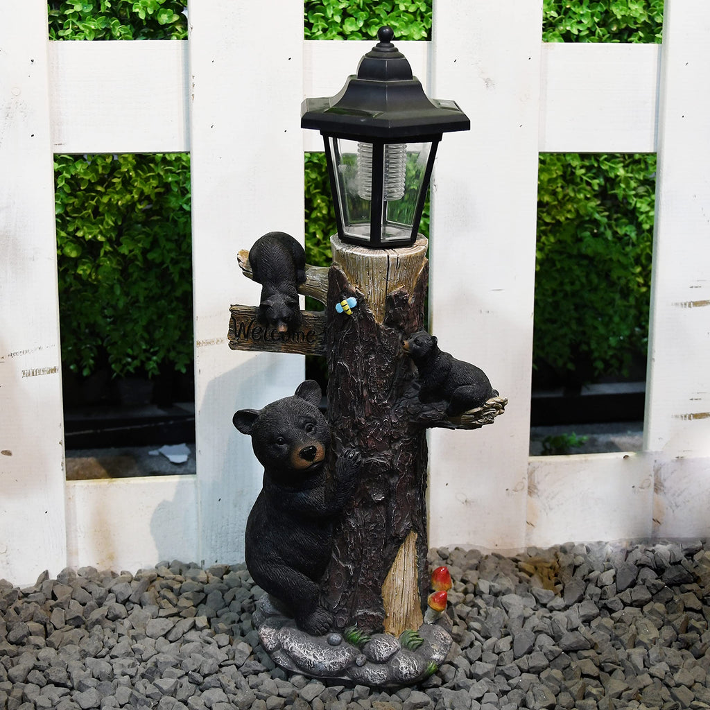 Oritty 19 Inches Bear Statue Welcome Sign Garden Statue with Solar Lights