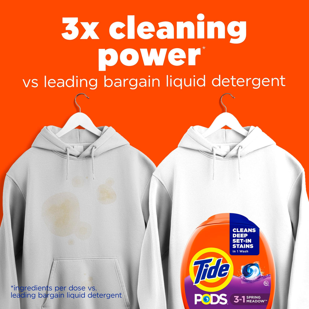 Tide PODS laundry detergent pacs, 3-in-1 Stain Remover, Odor Fighter, Color Protector, 76 Count, HE compatible, Spring Meadow Scent